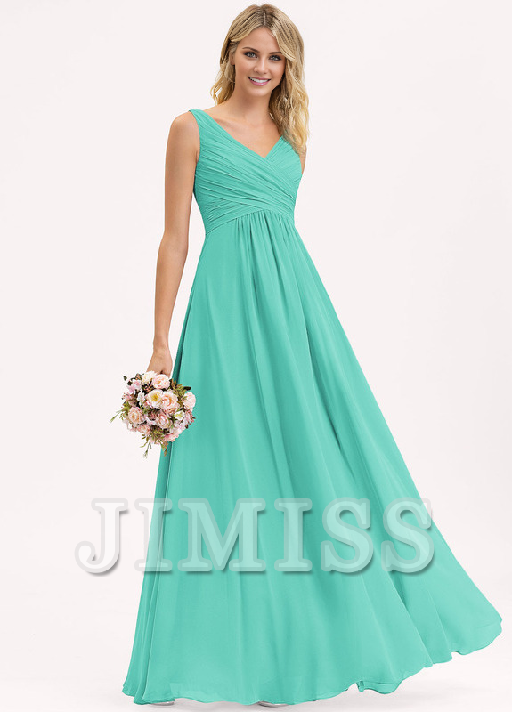 A-line V-neck floor-length chiffon pleated bridesmaid dress