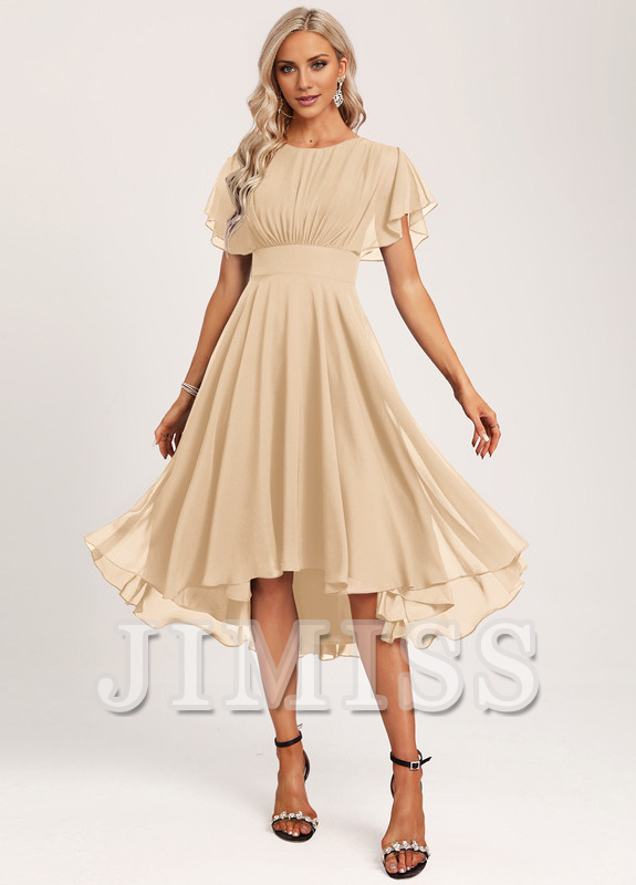 Ruffled A-line Spoon Asymmetric Chiffon Bridesmaids Dress