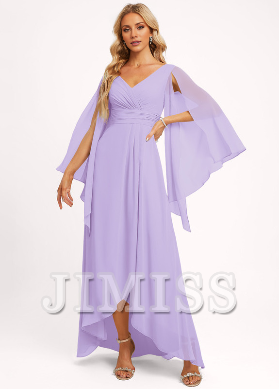 Ruffled A-line V-neck Asymmetric Chiffon Bridesmaids Dress