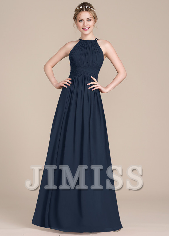Lotus leaf A-line low round neck chiffon bridesmaid dress