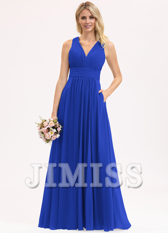 Bow Ruffle A-Line V-Neck Floor Length Chiffon Bridesmaids Dress