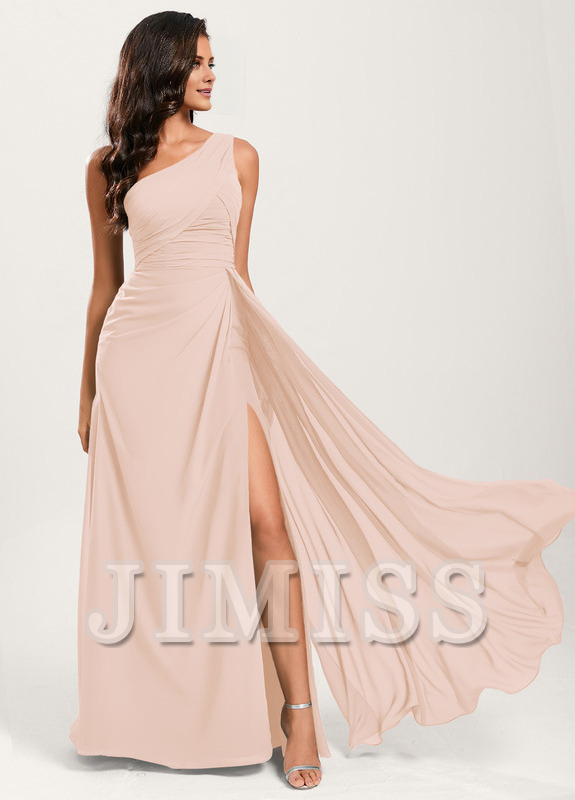 Ruffled A-line One Shoulder Floor Length Chiffon Bridesmaid Dress