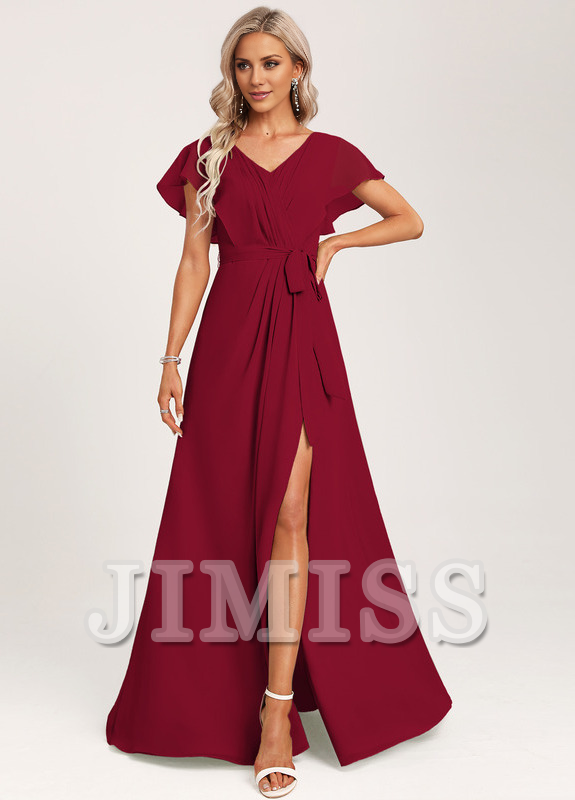 Ruffled A-line V-neck Floor-length Chiffon Bridesmaids Dress