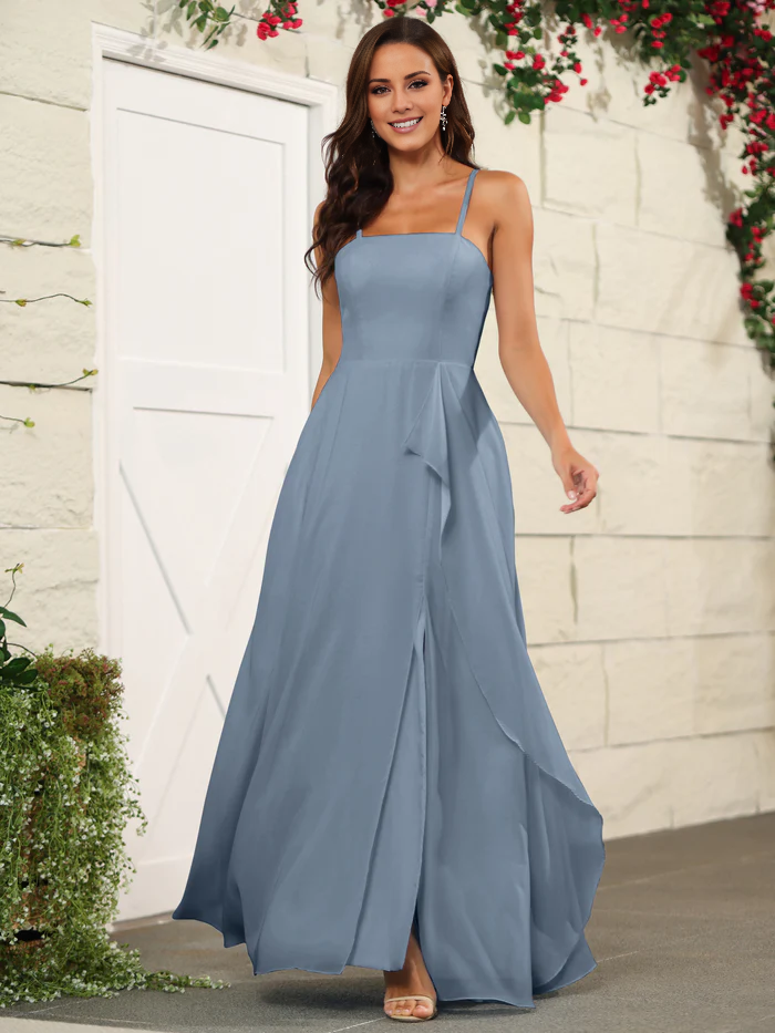 Beautiful chiffon thin shoulder strap and floor length bridesmaid dress