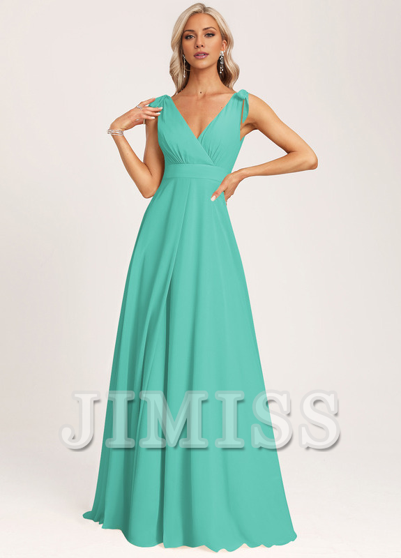 A-link V-neck and ground chiffon bow bridesmaid dress