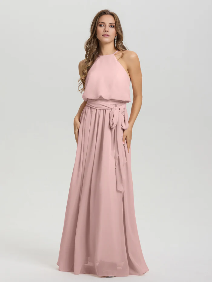 Hanging neck low round neck sleeveless chiffon and floor length Bridesmaid dresses
