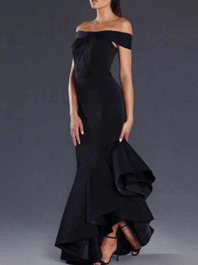 Mermaid / Trumpet Minimalist Sexy Engagement Prom Valentine's Day Dress Off Shoulder Sleeveless Asymmetrical Satin with Sleek Ruffles - RongMoon