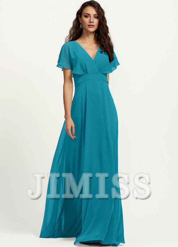 A-line V-neck floor-length chiffon bridesmaid dress