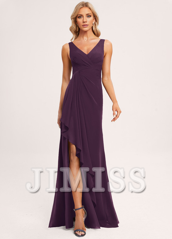 Ruffled A-line V-neck Floor-length Chiffon Bridesmaids Dress