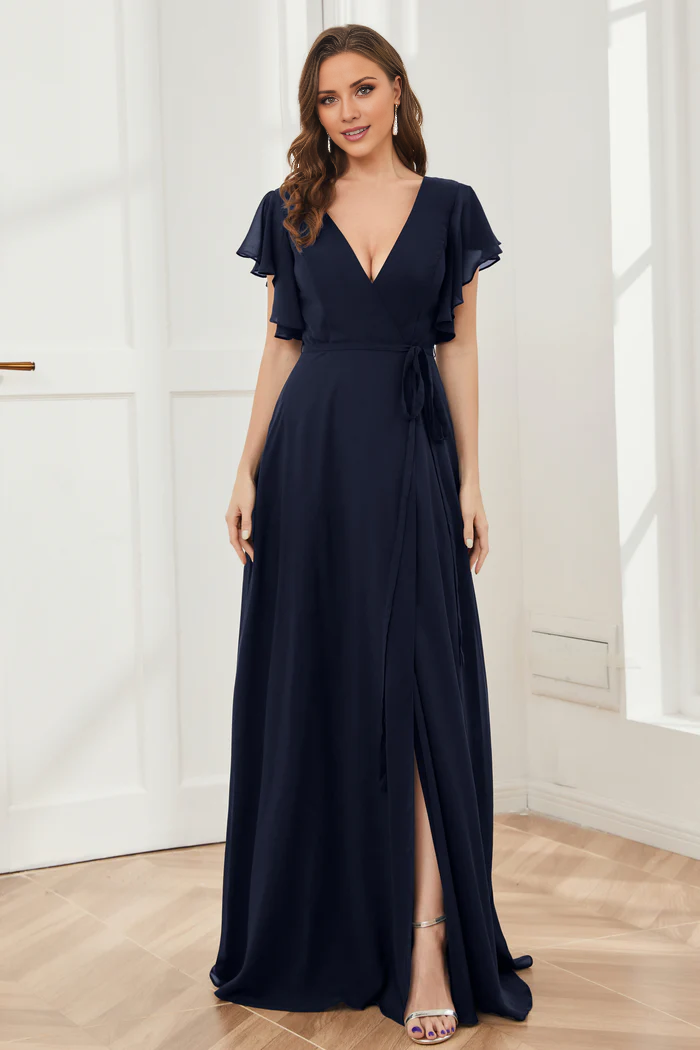 V-neck ruffled sleeve chiffon slit and floor length bridesmaid dress