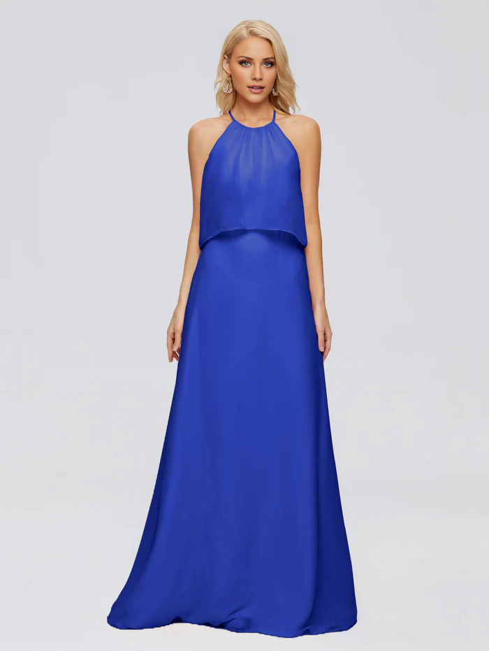 Post neck chiffon and floor length bridesmaid dress