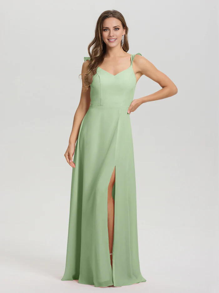 V-neck shoulder strap tied chiffon slit and floor length bridesmaid dress