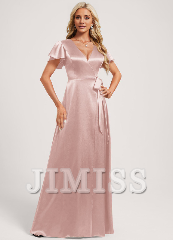 A-Line V-Neck Floor-Length Stretch Satin Bridesmaids Dress