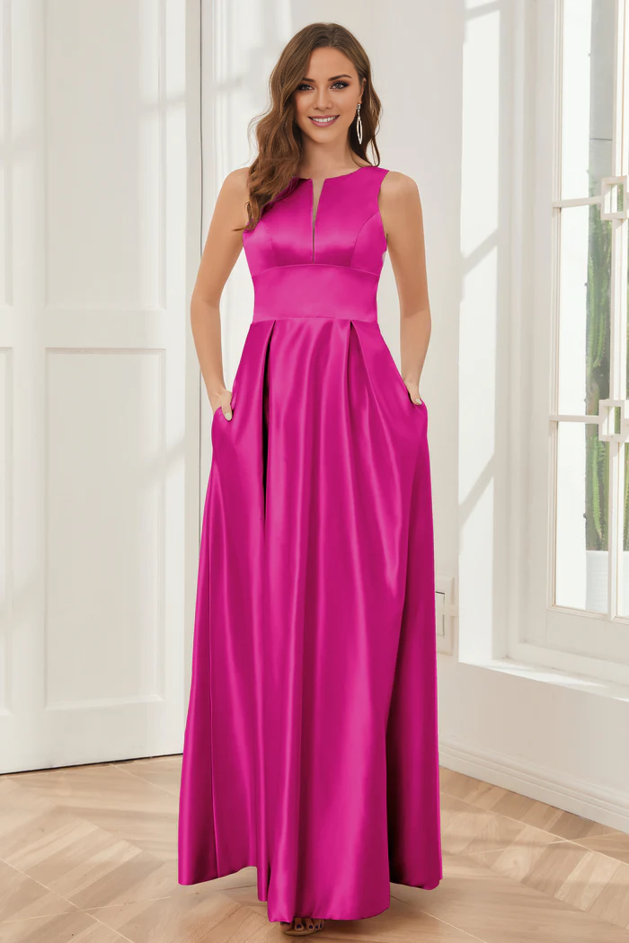 A-line sleeveless satin and floor length bridesmaid dress