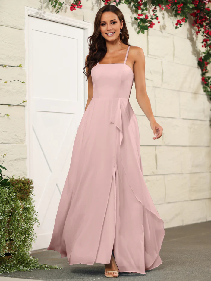 Beautiful chiffon thin shoulder strap and floor length bridesmaid dress