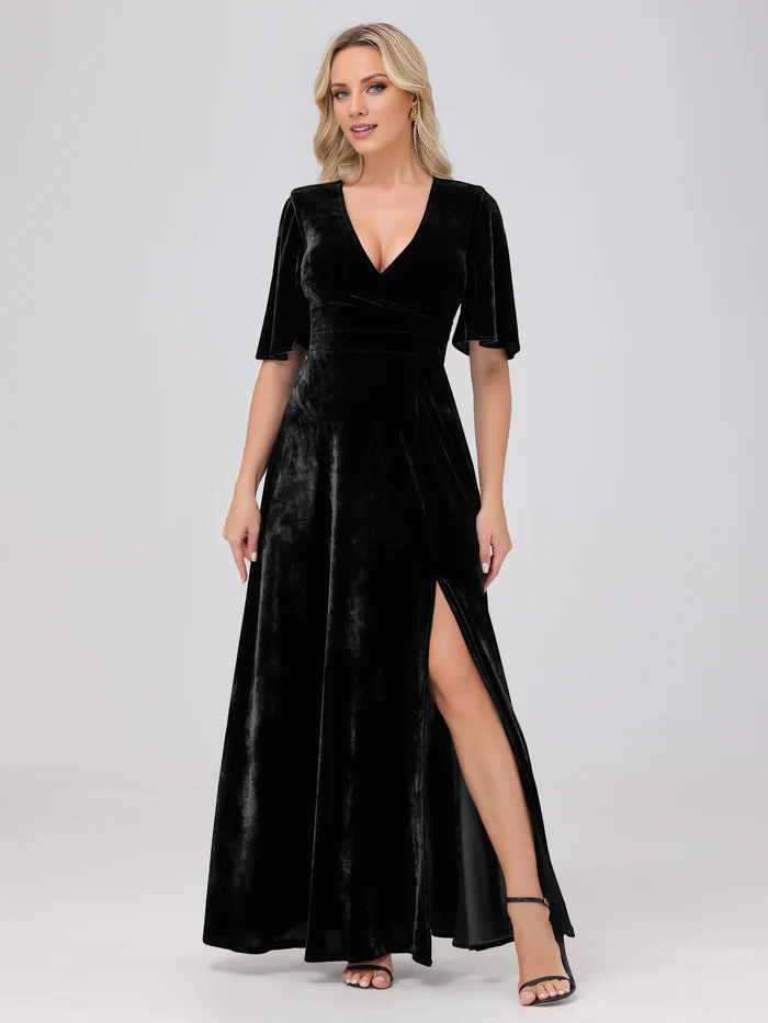 A-line V-neck short sleeved slit velvet and floor length bridesmaid dress