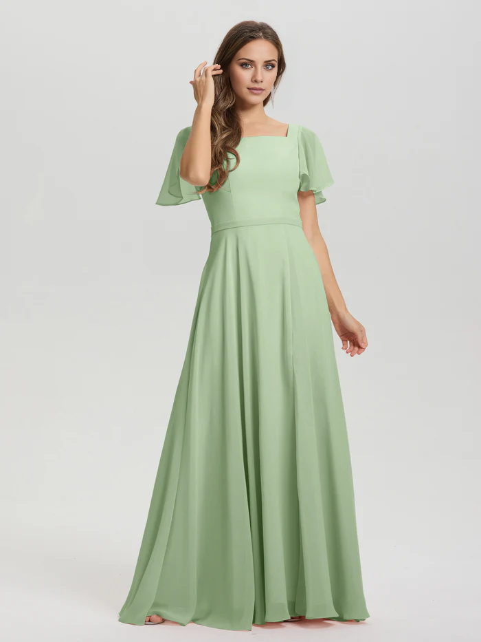 A-line square collar ruffled short sleeved and ground chiffon/ground length bridesmaid dress