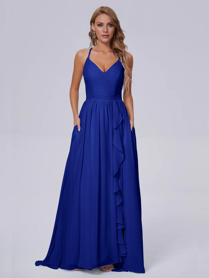 Elegant shoulder strap chiffon and floor length bridesmaid dress