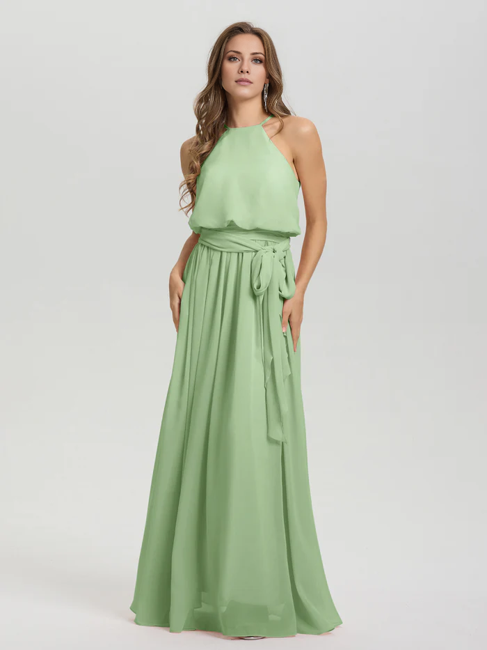 Hanging neck low round neck sleeveless chiffon and floor length Bridesmaid dresses