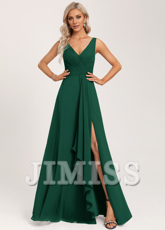 Ruffled A-line V-neck Floor-length Chiffon Bridesmaids Dress