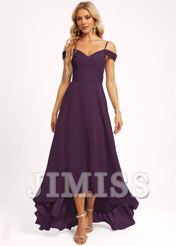 A-line off-shoulder asymmetric chiffon bridesmaid dress