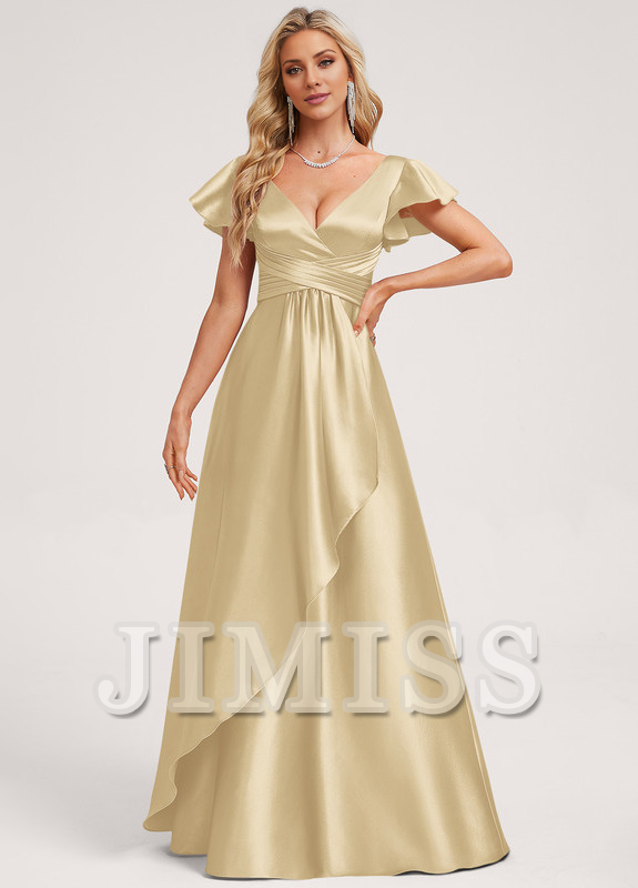 Ruffled A-line V-neck Floor-length Satin Bridesmaids Dress