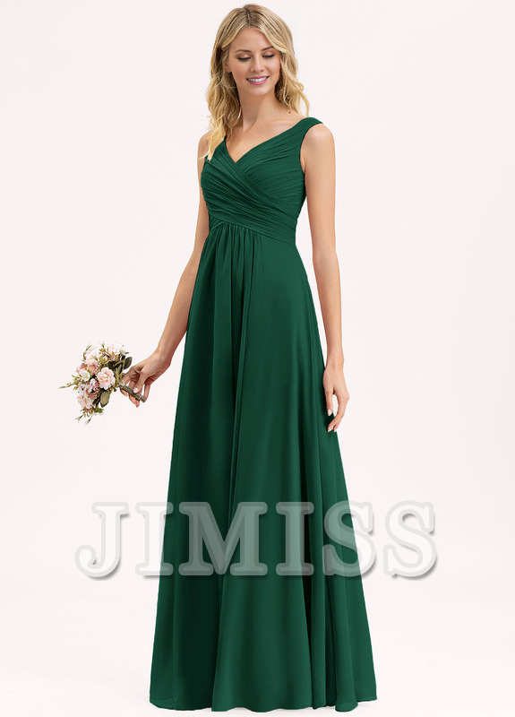 A-line V-neck floor-length chiffon pleated bridesmaid dress