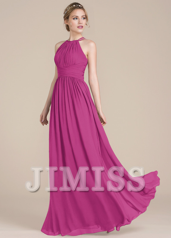 Lotus leaf A-line low round neck chiffon bridesmaid dress