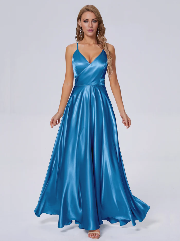 Elegant shoulder strap soft satin and floor length bridesmaid dress