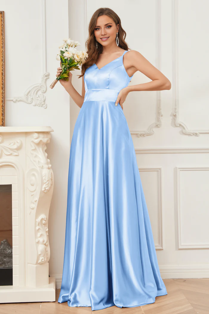 Thin shoulder strap V-neck soft satin and floor length bridesmaid dress