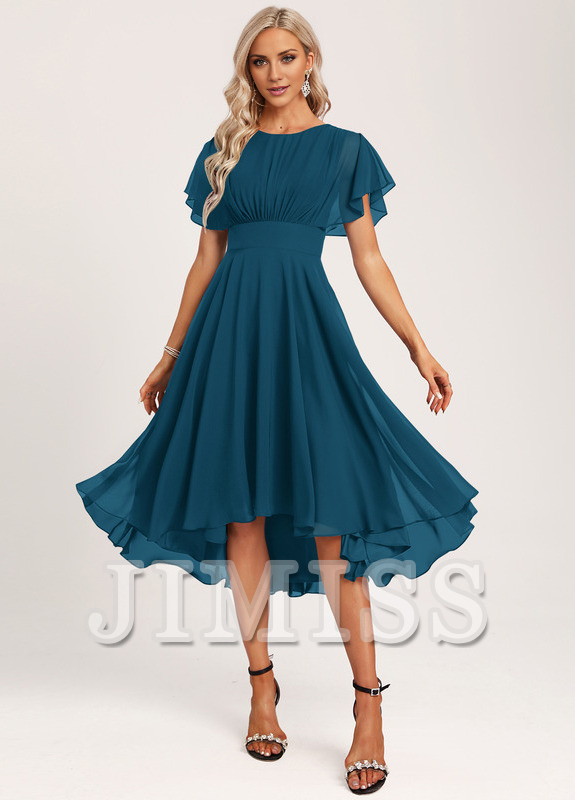Ruffled A-line Spoon Asymmetric Chiffon Bridesmaids Dress