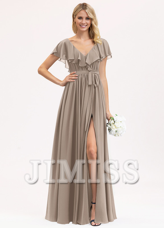 A-line V-neck floor-length chiffon bow tiered ruffle bridesmaid dress