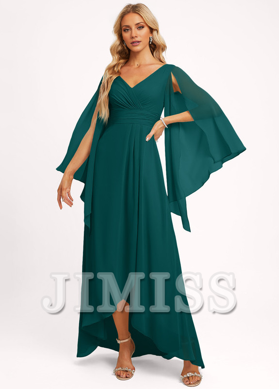Ruffled A-line V-neck Asymmetric Chiffon Bridesmaids Dress