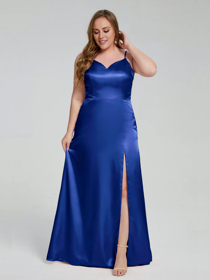 Split plus size soft satin and floor length bridesmaid dress