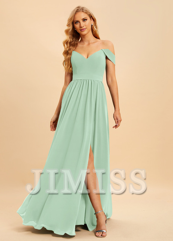 A-line off-the-shoulder floor-length chiffon bridesmaid dress