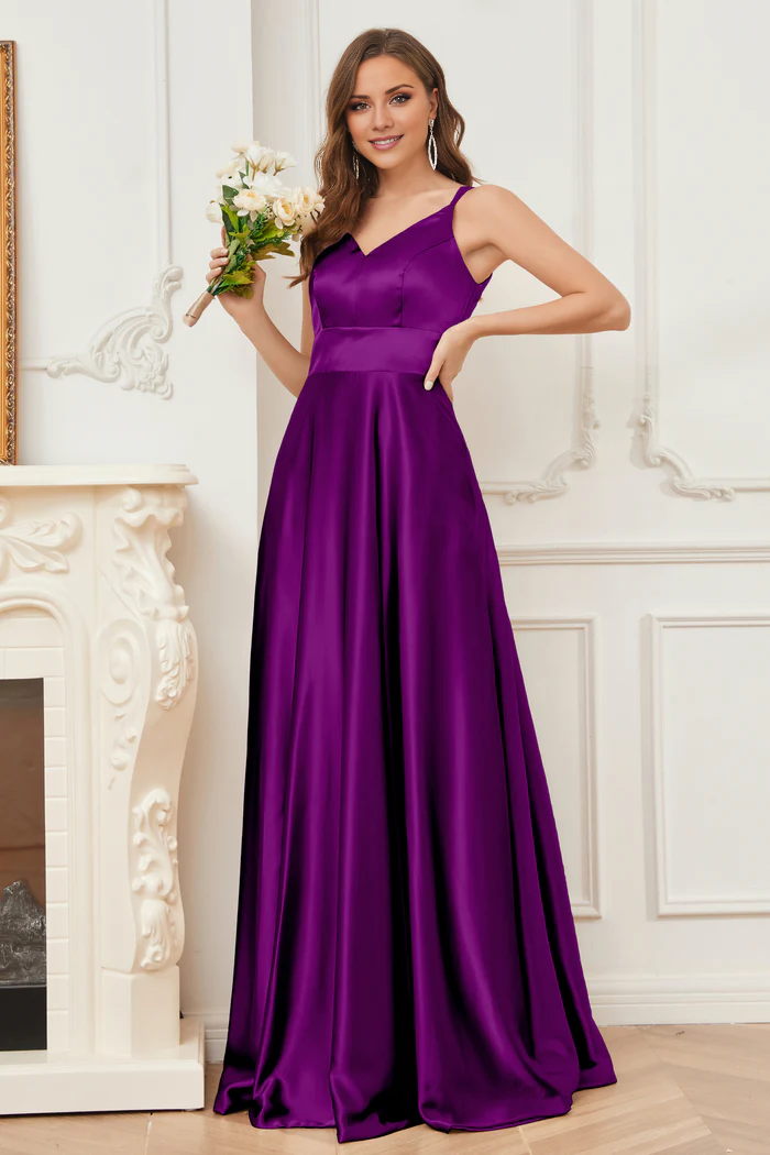 Thin shoulder strap V-neck soft satin and floor length bridesmaid dress