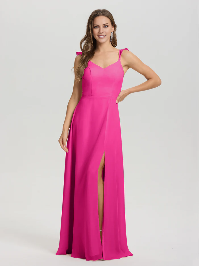 V-neck shoulder strap tied chiffon slit and floor length bridesmaid dress