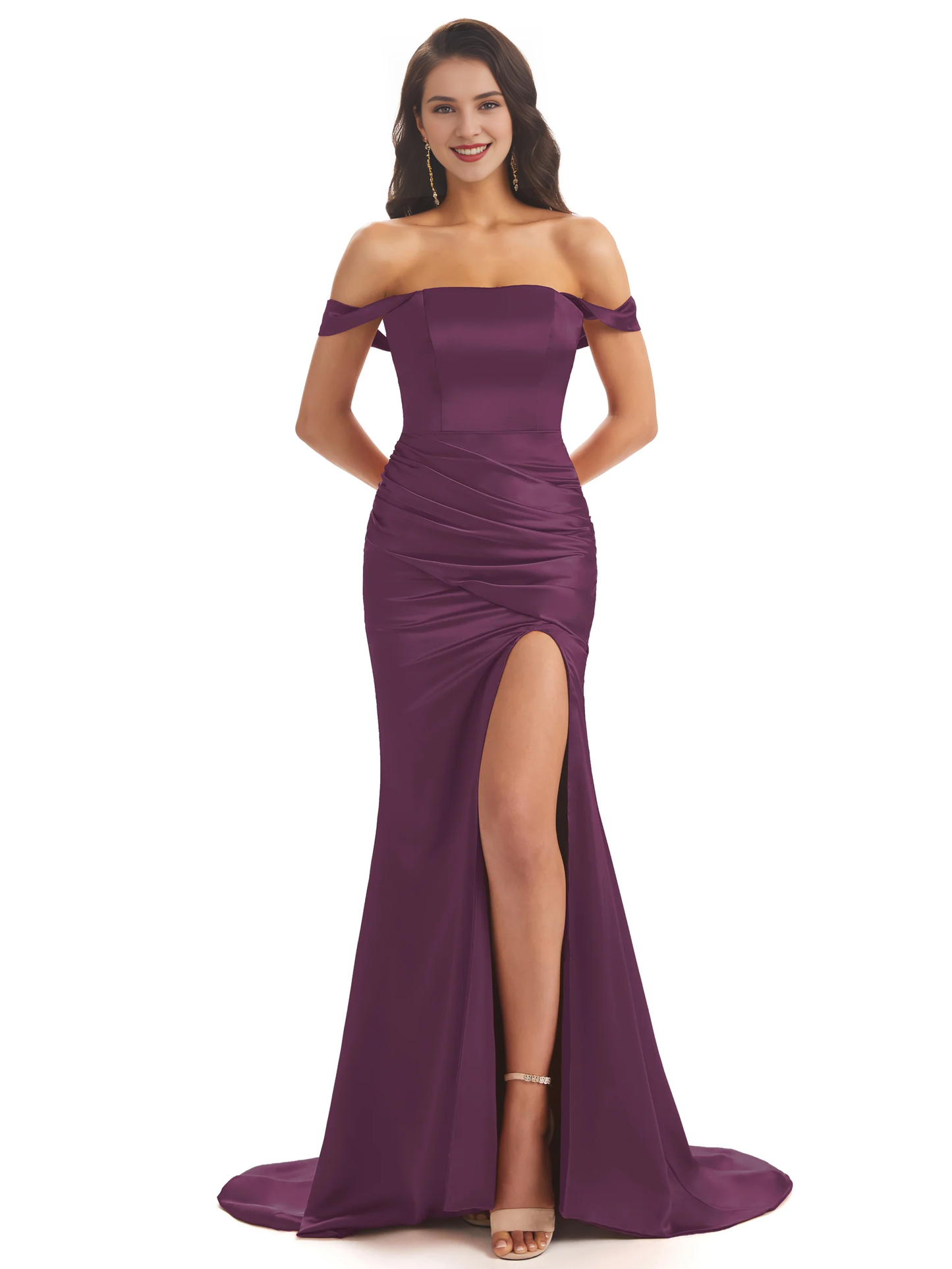 Sexy soft satin off shoulder side slit and floor length fishtail bridesmaid dress