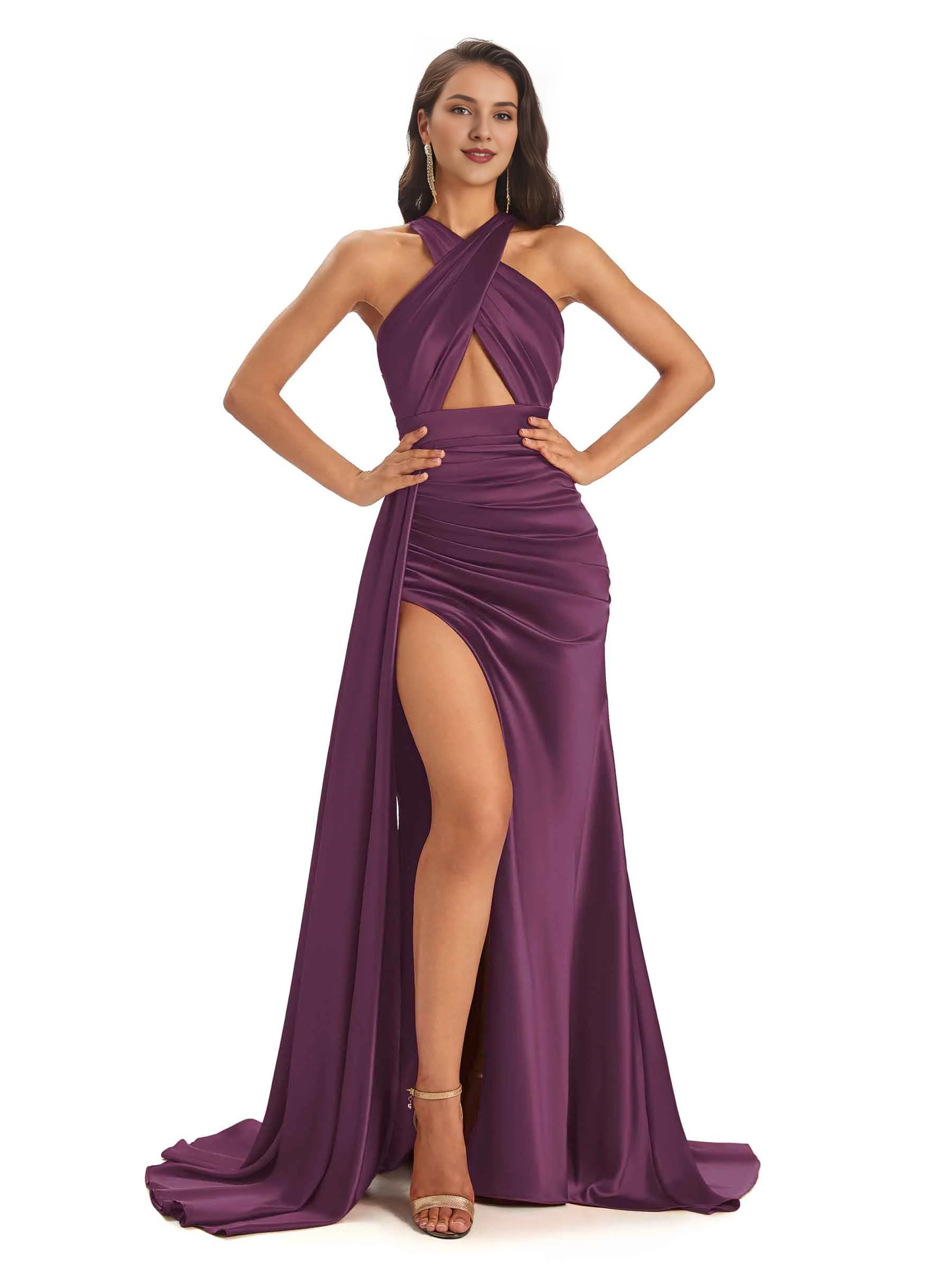 Sexy and soft satin hanging neck side slit and floor length fish tail bridesmaid dress