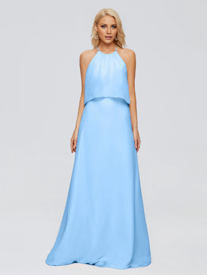 Post neck chiffon and floor length bridesmaid dress