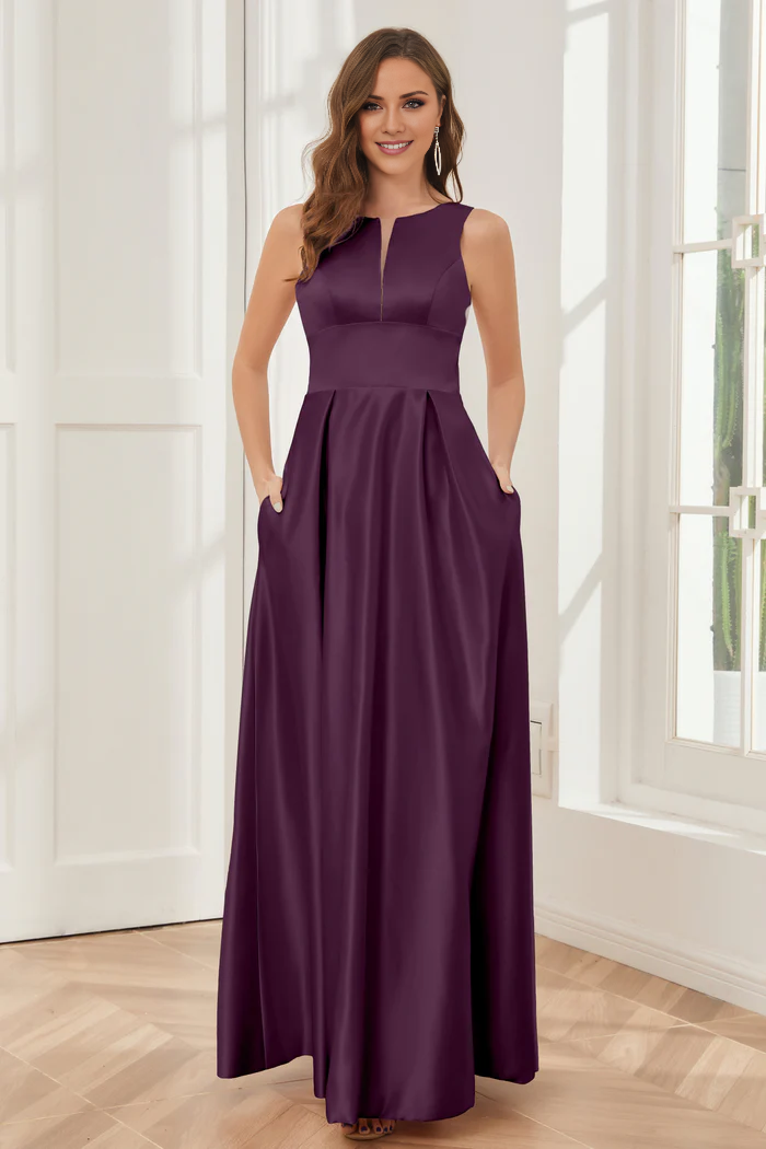 A-line sleeveless satin and floor length bridesmaid dress