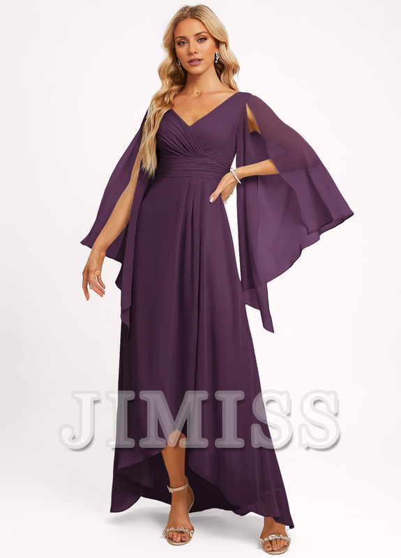 Ruffled A-line V-neck Asymmetric Chiffon Bridesmaids Dress