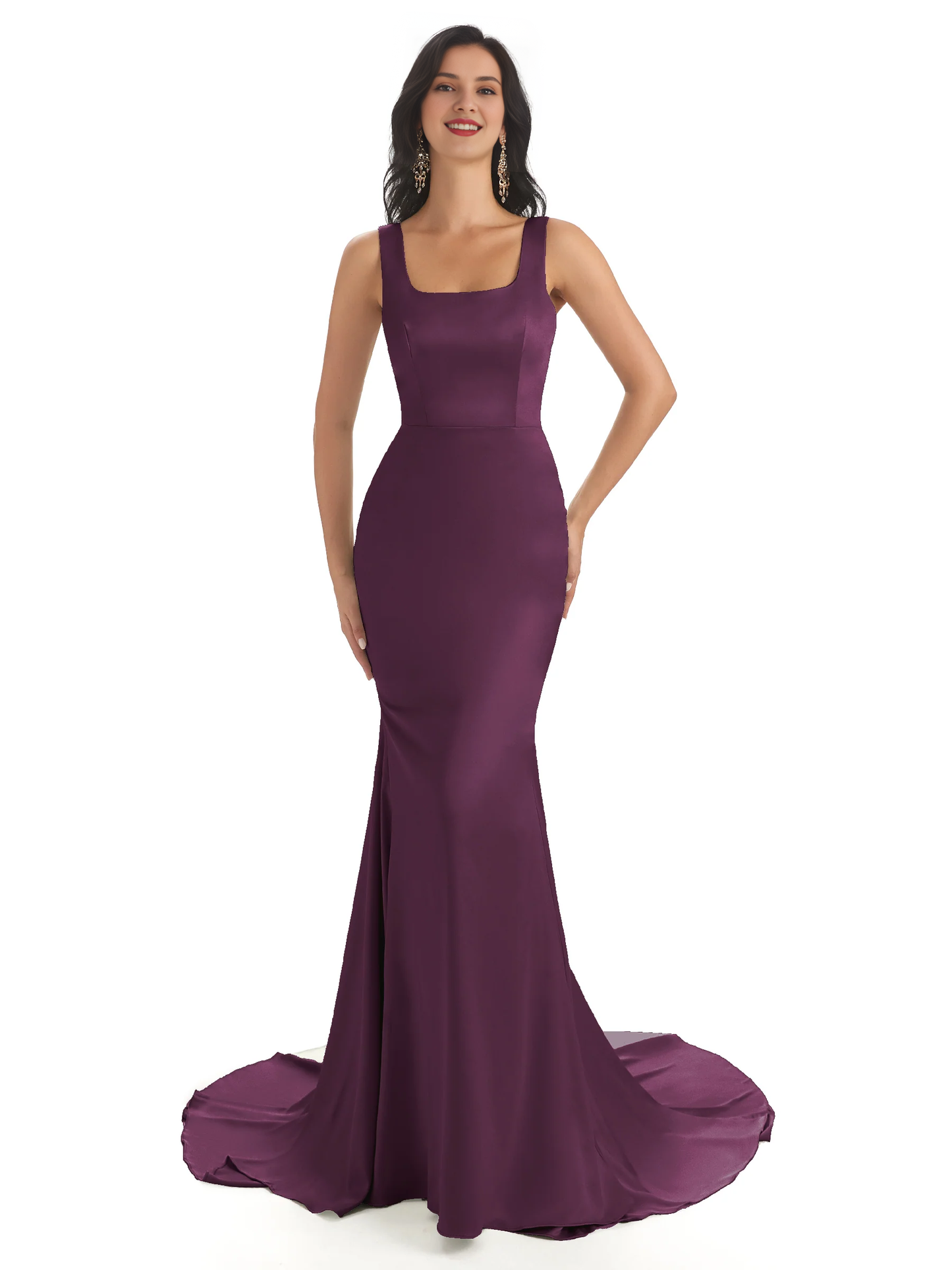 Soft satin unique square neck extra long fish tail bridesmaid dress