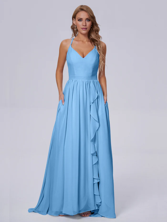 Elegant shoulder strap chiffon and floor length bridesmaid dress