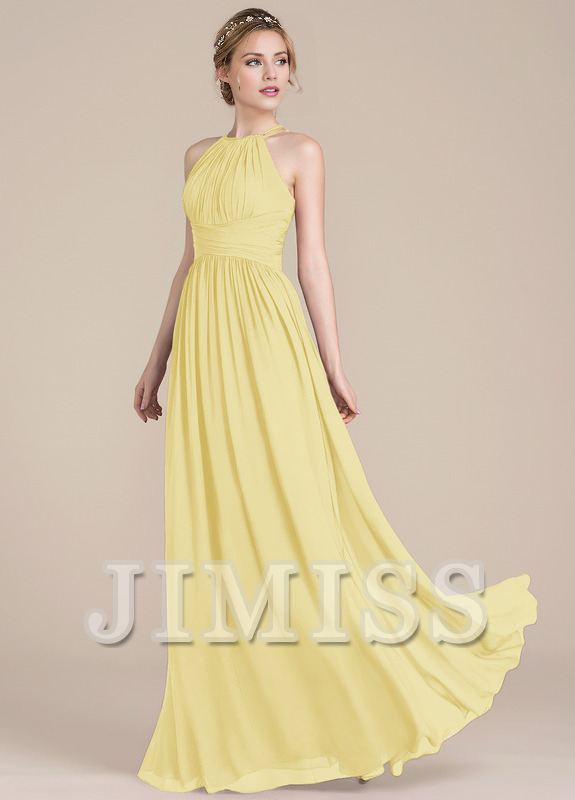Lotus leaf A-line low round neck chiffon bridesmaid dress