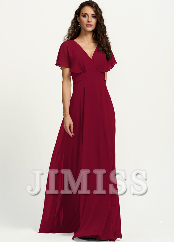 A-line V-neck floor-length chiffon bridesmaid dress