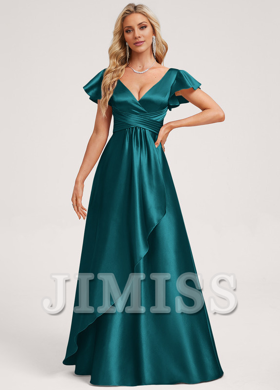 Ruffled A-line V-neck Floor-length Satin Bridesmaids Dress