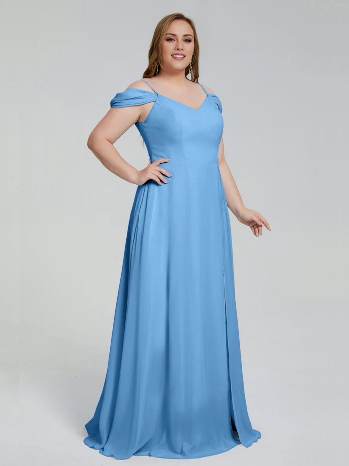 Thin shoulder strap plus size and floor length bridesmaid dress