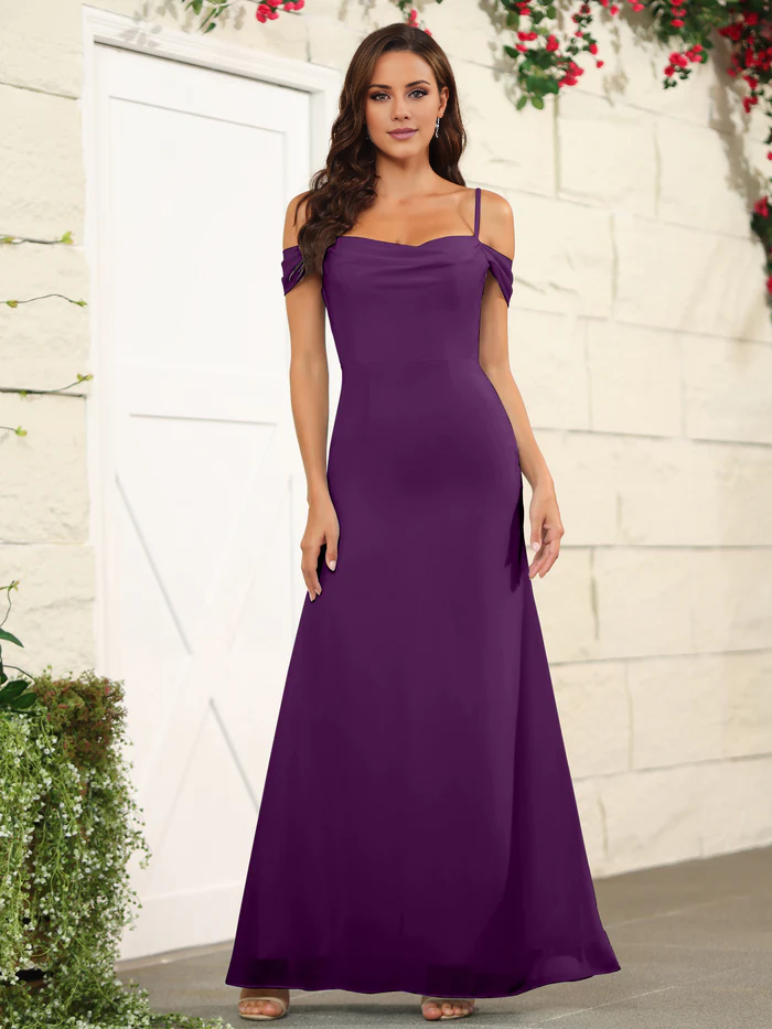 Split off shoulder thin shoulder strap chiffon and floor length bridesmaid dress