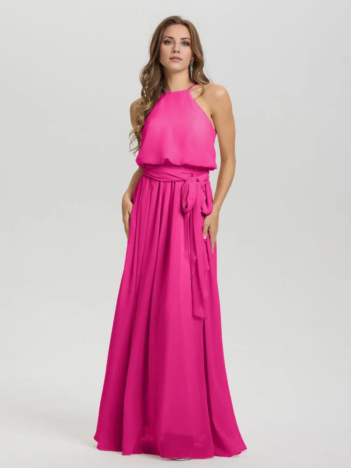 Hanging neck low round neck sleeveless chiffon and floor length Bridesmaid dresses